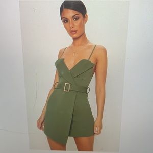 Khaki Tux Detail Belted Wrap Bodycon